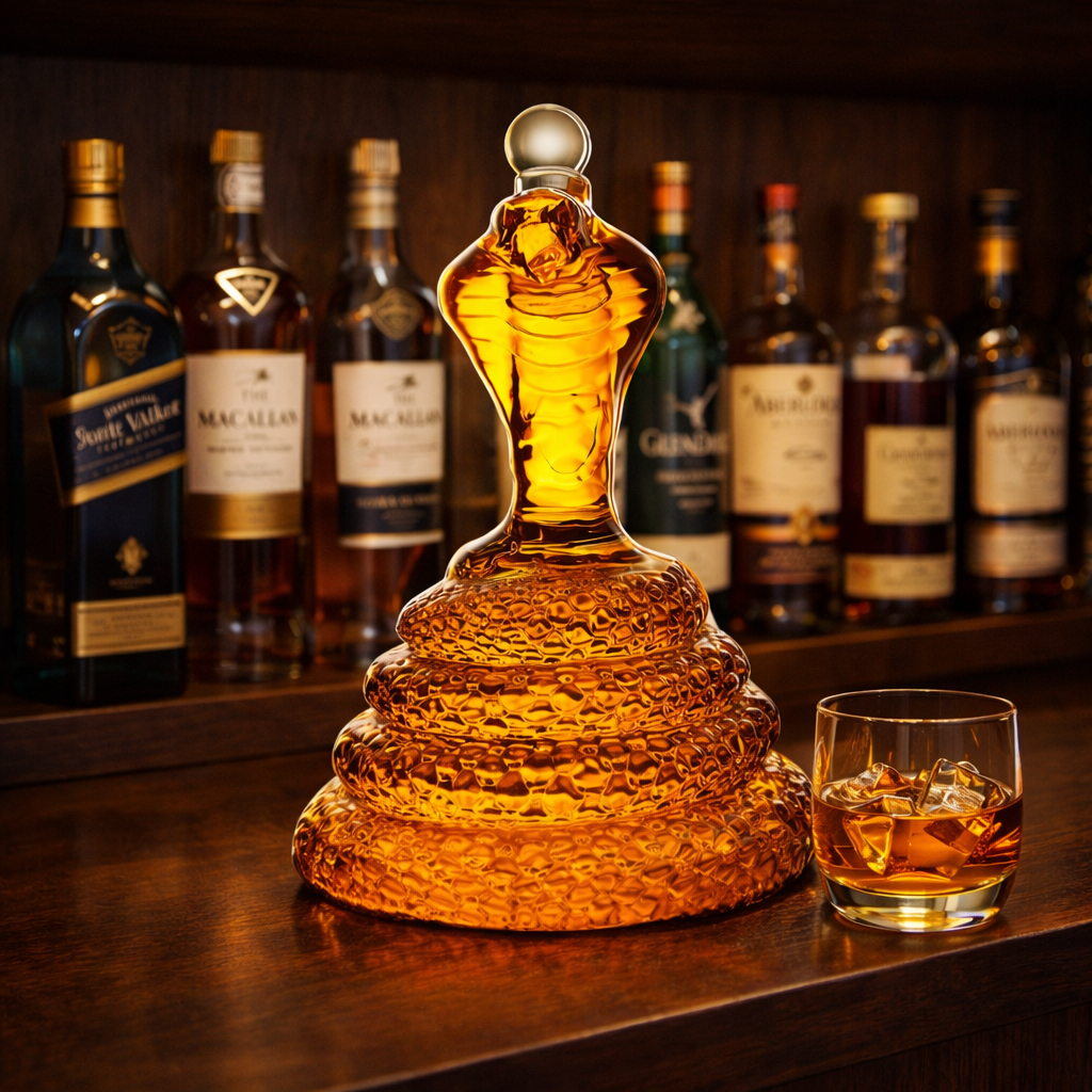 Carafe à whisky Danoir Paris Édition Cobra en verre transparent, avec motif serpent élégant et bouchon en liège.