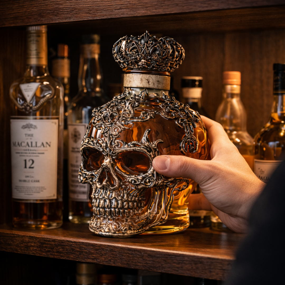 Carafe à whisky Danoir Paris Édition Crâne avec motif de crâne en verre transparent.