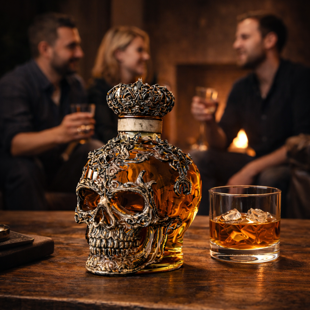 Carafe à whisky Danoir Paris Édition Crâne en verre avec motif de crâne sculpté, élégante et unique pour la dégustation.