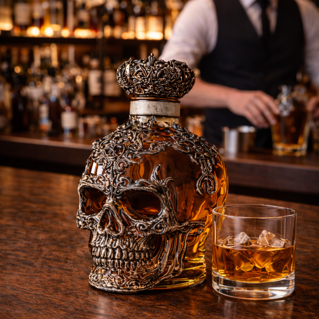 Carafe à whisky Danoir Paris Édition Crâne en verre transparent avec motif de crâne sculpté, idéale pour servir le whisky.