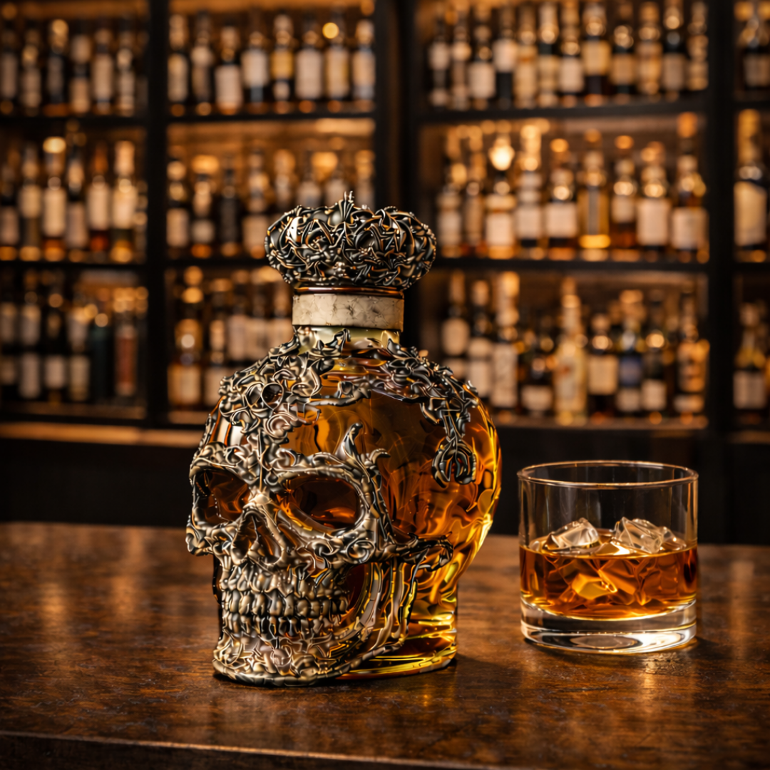 Carafe à whisky Danoir Paris Édition Crâne en verre avec motif de crâne sculpté, idéale pour servir le whisky avec style.