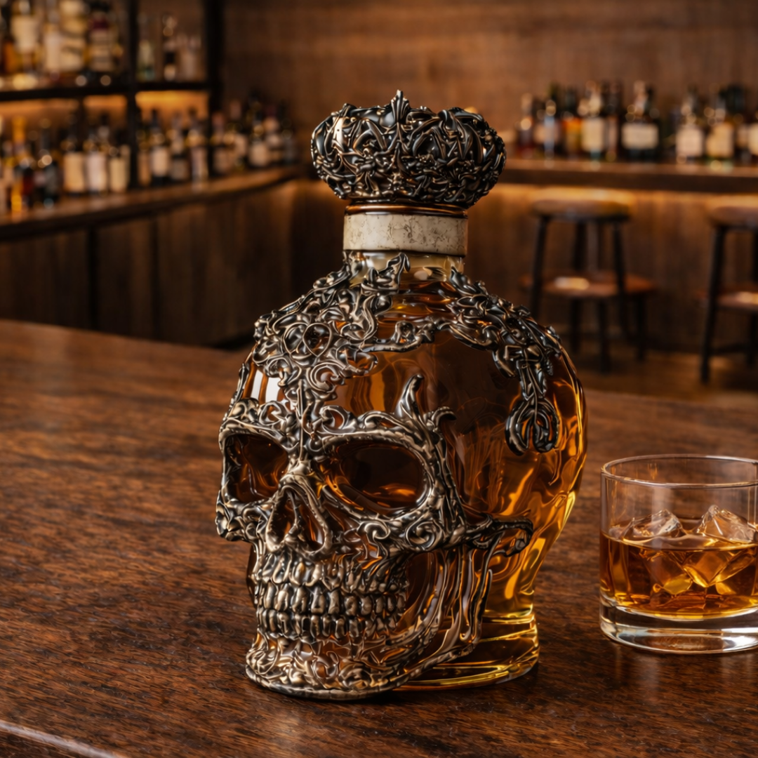 Carafe à whisky Danoir Paris Edition Crâne en verre avec motif de crâne sculpté pour la dégustation.
