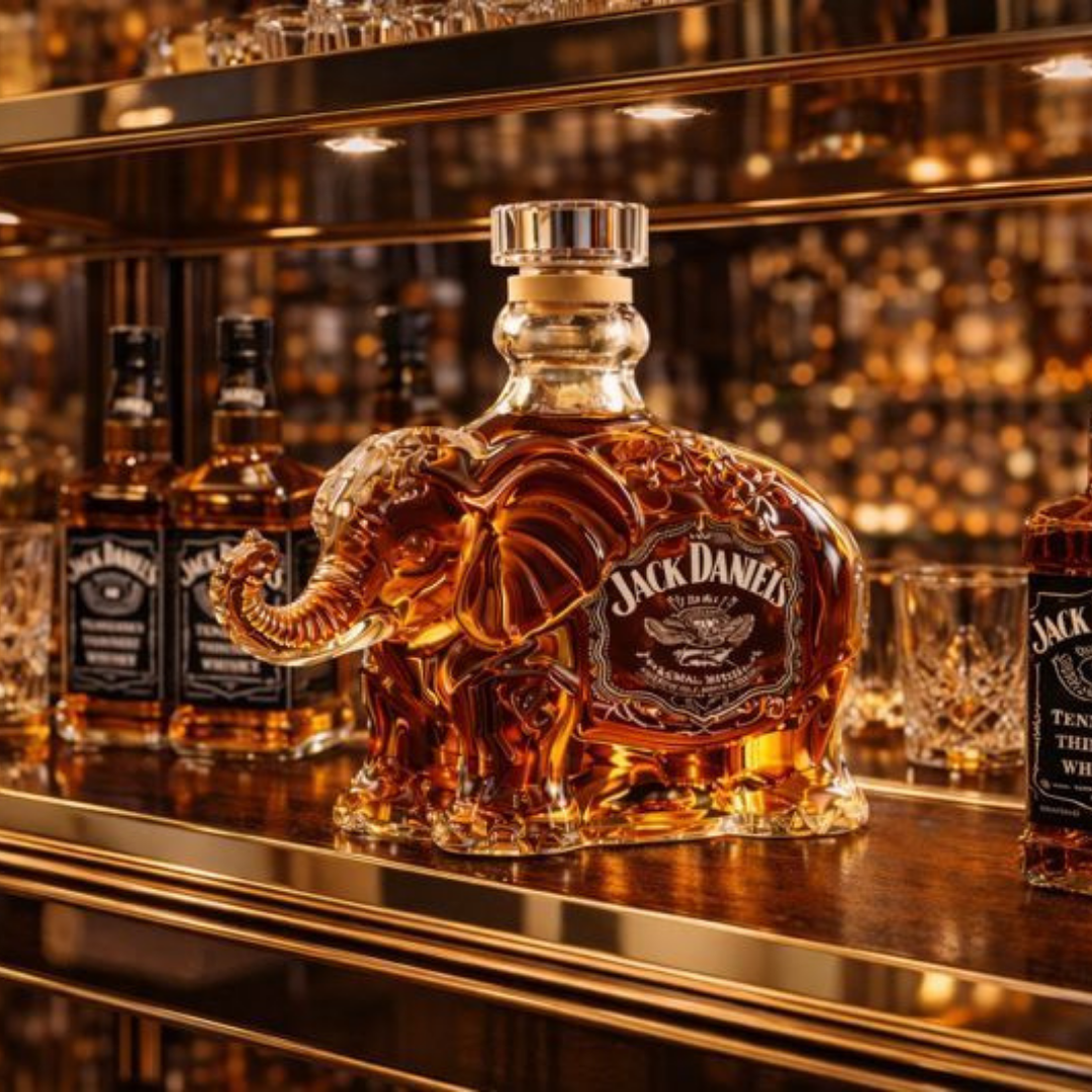 Carafe à whisky Danoir Paris Édition Éléphant en verre transparent avec motif éléphant sculpté, idéale pour servir le whisky.