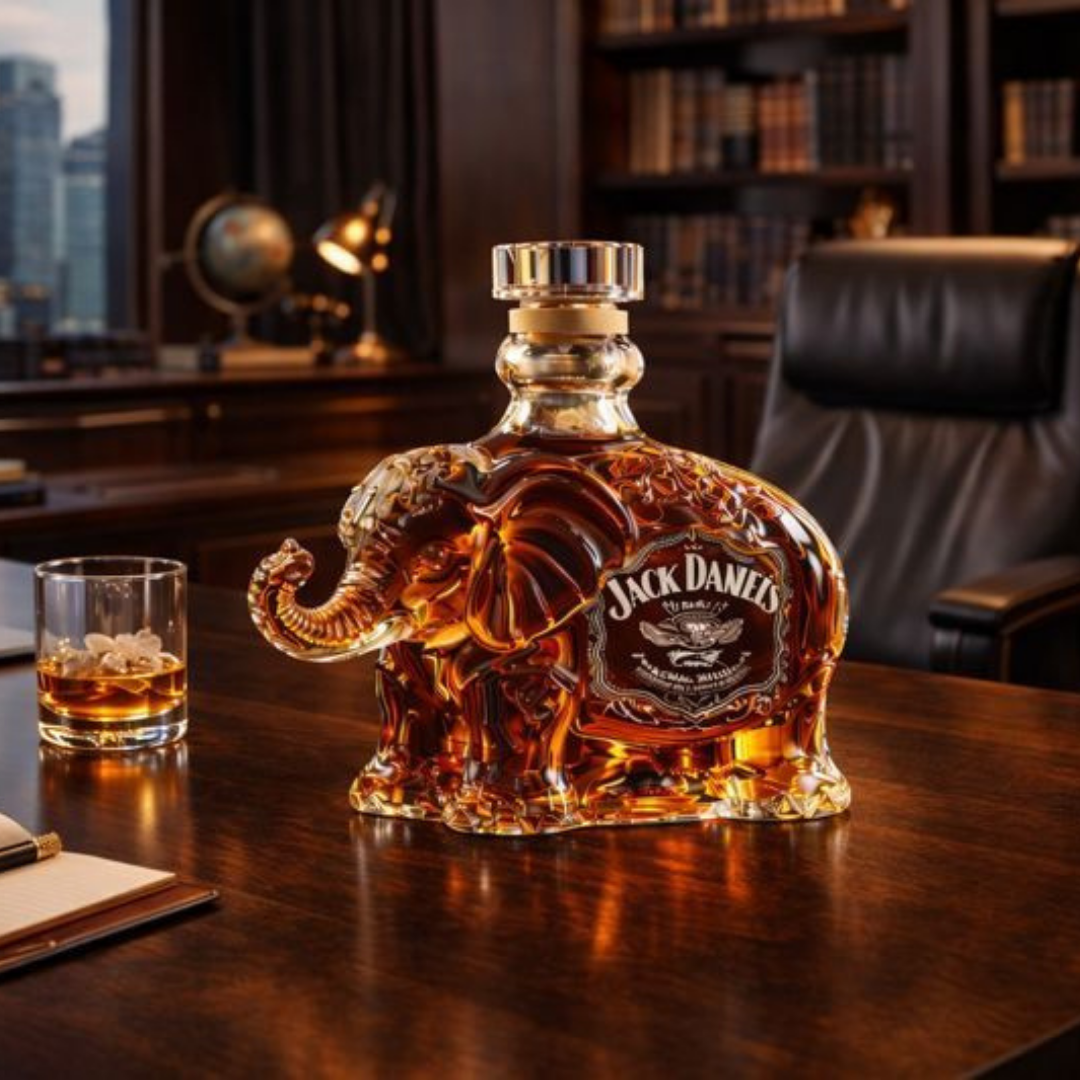 Carafe à whisky Danoir Paris, édition Éléphant, en verre transparent avec motif d'éléphant sculpté, pour servir le whisky avec style.