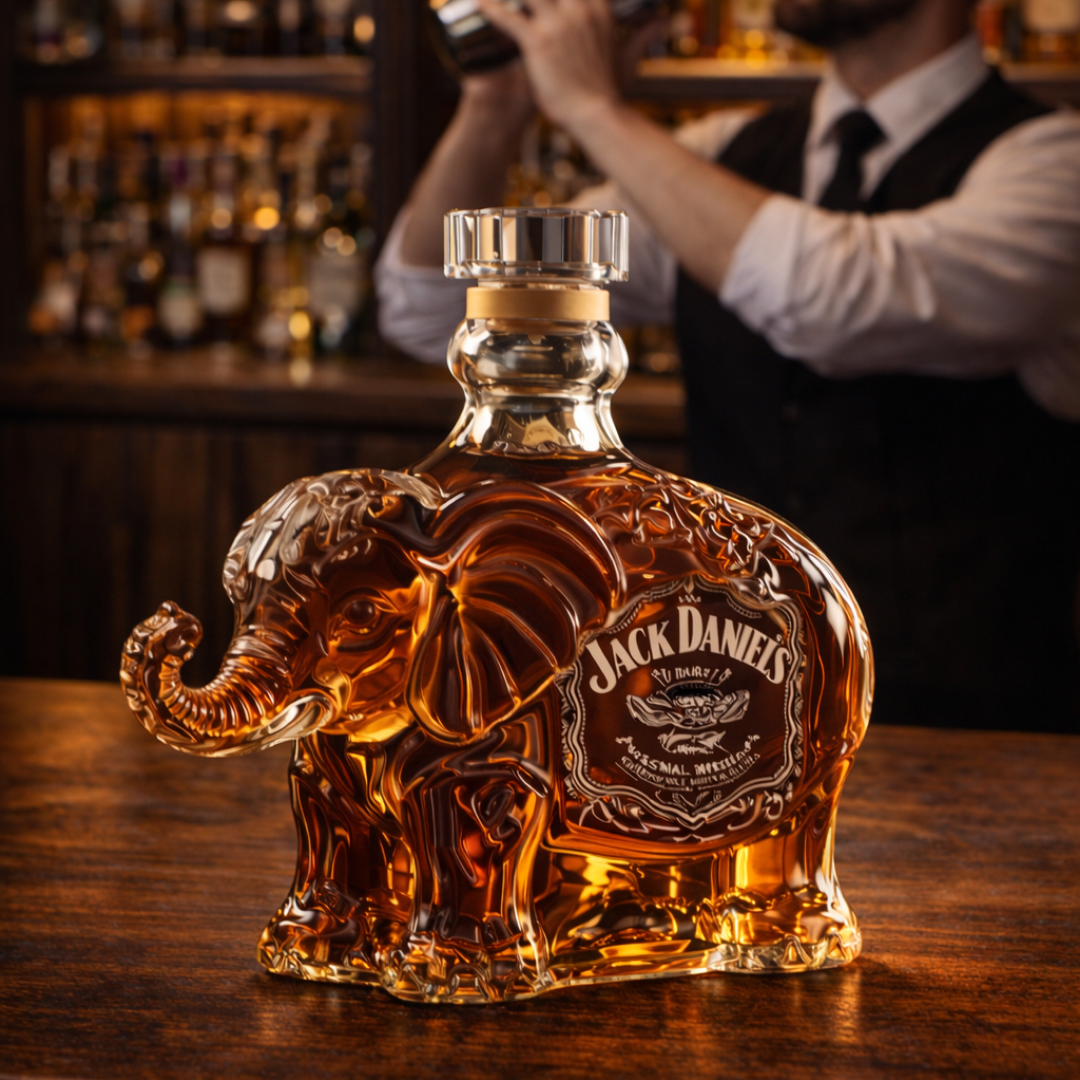 Carafe à whisky Danoir Paris Édition Éléphant en verre avec motif d'éléphant, idéale pour servir le whisky avec élégance.
