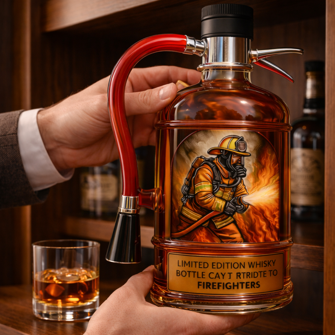 Carafe à whisky Danoir Paris Édition extincteur en verre avec bouchon en métal, design unique et élégant pour la dégustation.