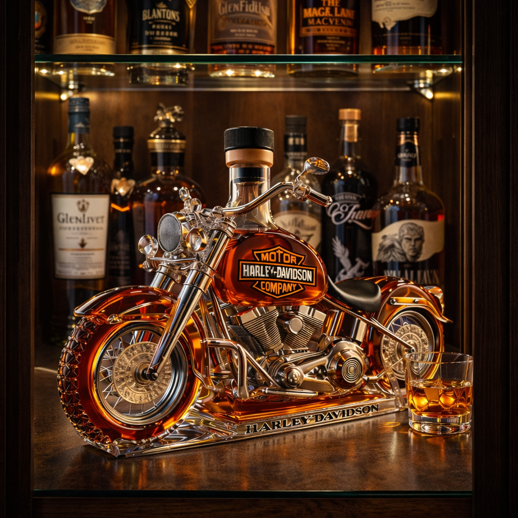 Carafe à whisky Danoir Paris, édition Harley-Davidson, en verre transparent avec motif de moto, pour servir le whisky avec style.
