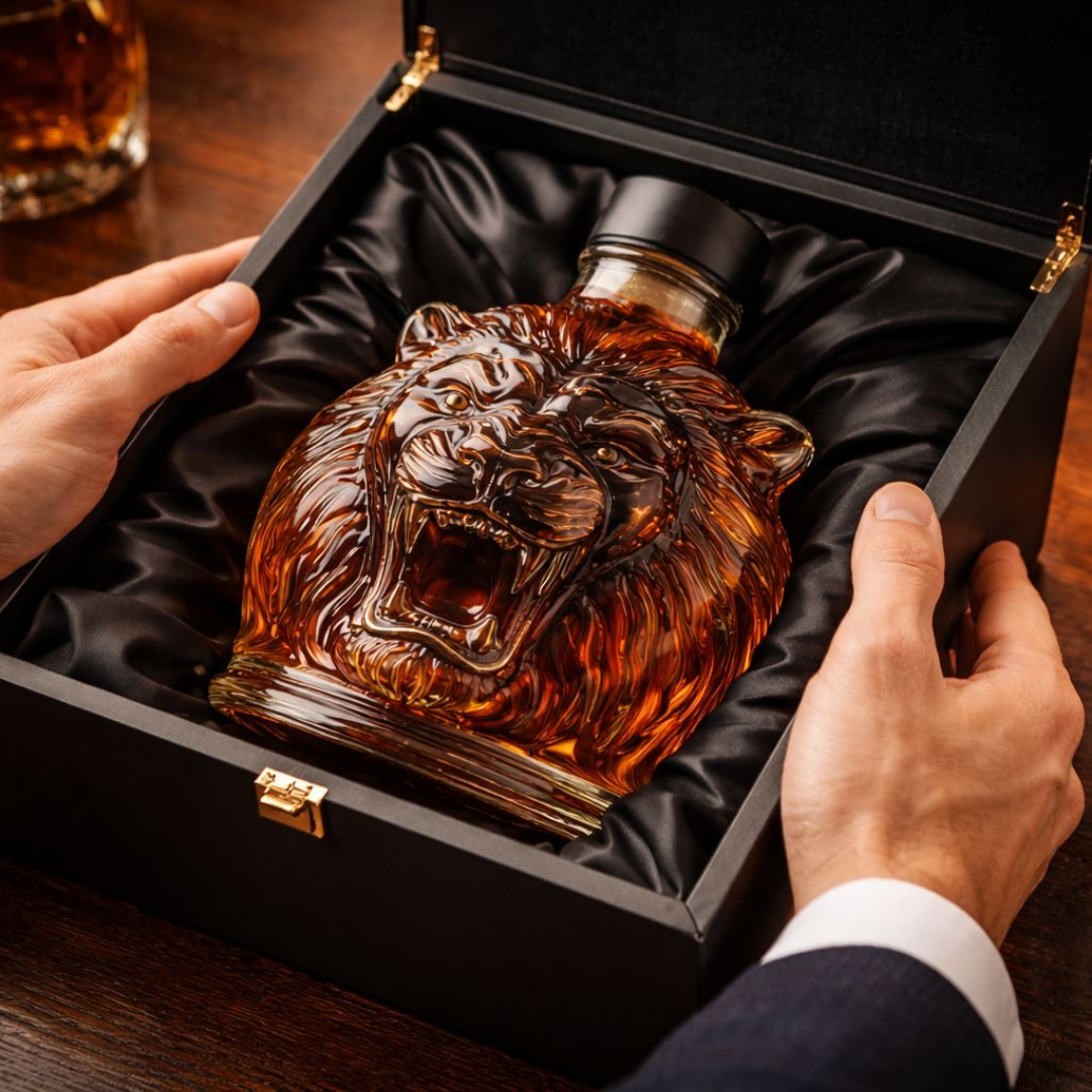 Carafe à whisky Danoir Paris Édition Lion en verre élégant avec détail de lion gravé, idéale pour la dégustation de whisky.