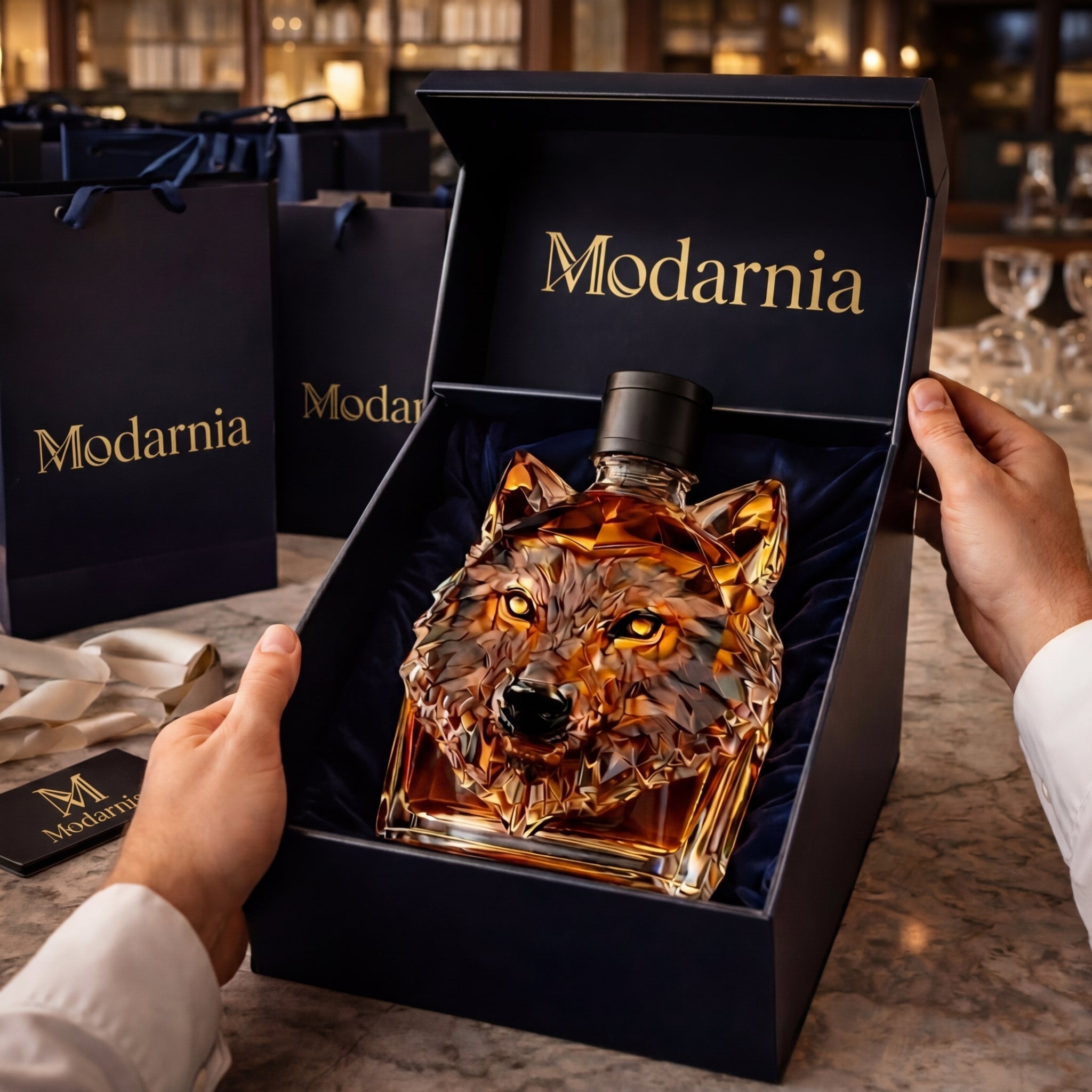Carafe à whisky Danoir Paris Édition Loup en verre transparent avec bouchon, décoration élégante pour boissons.