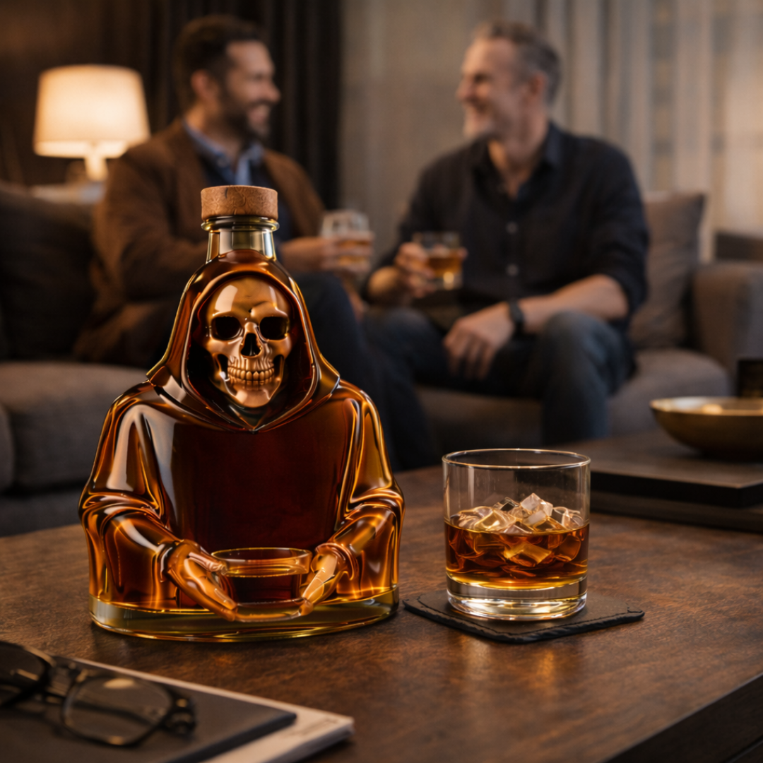 Carafe à whisky Danoir Paris Édition Mort en verre avec motif noir, élégante et décorative pour boissons spirits.