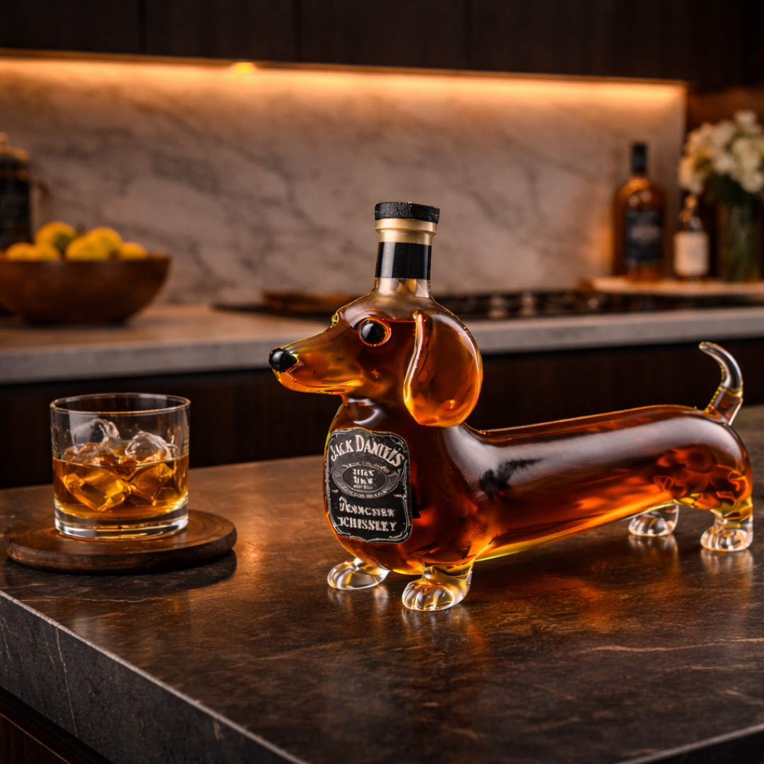 Carafe à whisky Danoir Paris Édition Teckel en verre transparent avec bouchon, design élégant et motif de chien teckel.