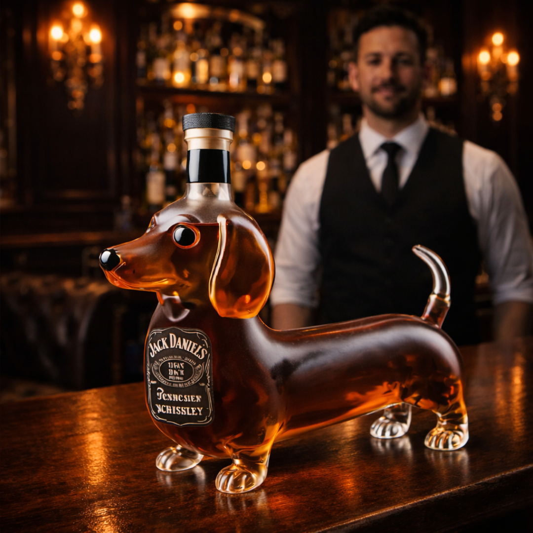 Carafe à whisky Danoir Paris Édition Teckel en verre avec bouchon, design élégant et motif de teckel.