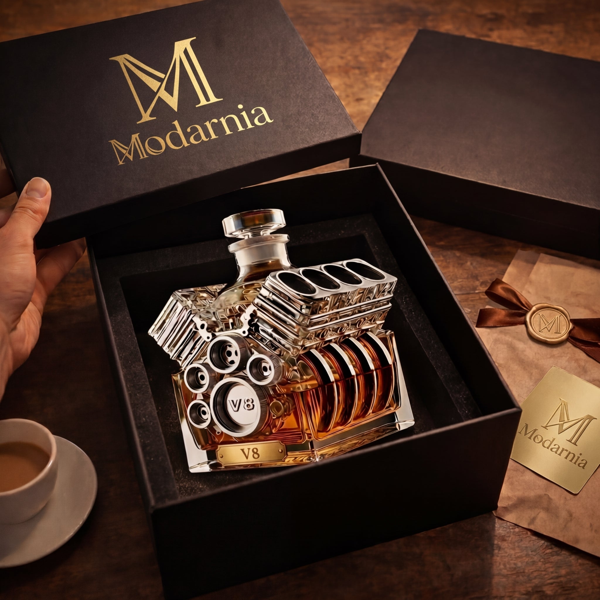 Carafe à whisky Danoir Paris Édition V8 en verre transparent avec bouchon, élégante et moderne pour servir le whisky.