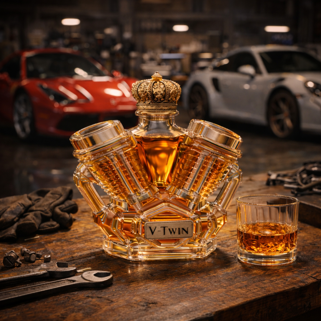 Carafe à whisky Danoir Paris Édition V8 en verre transparent, avec bouchon élégant et design moderne.