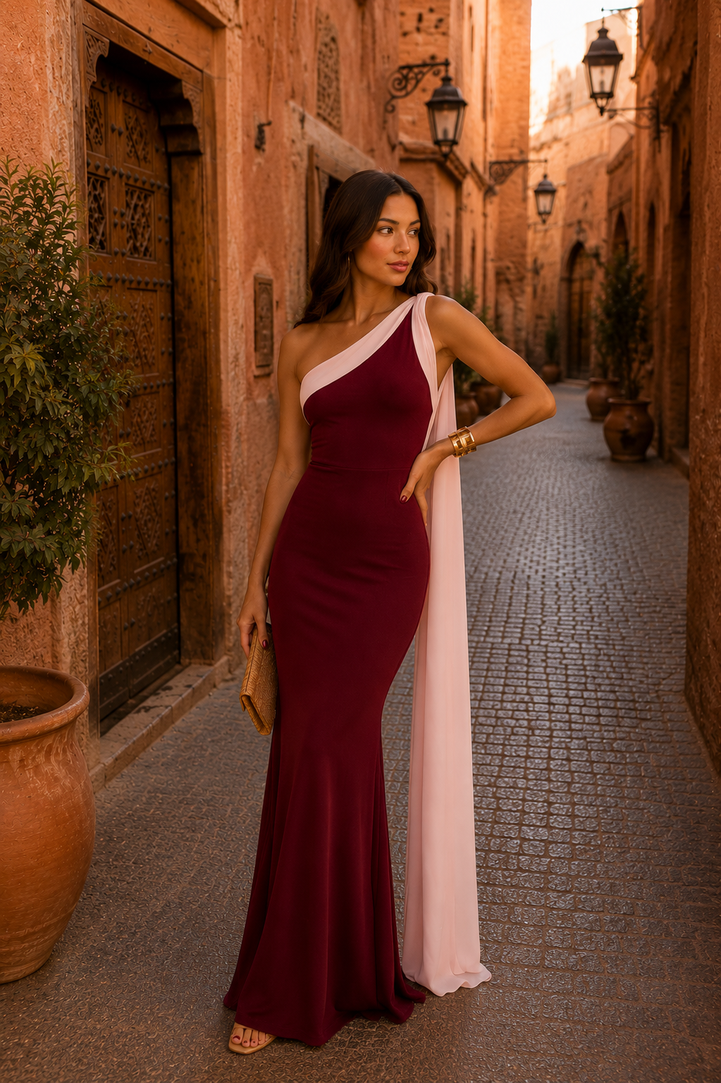 Robes Vivian en Bordeaux de Danoir Paris, vue de face, en tissu fluide avec détails élégants, parfait pour une tenue sophistiquée.