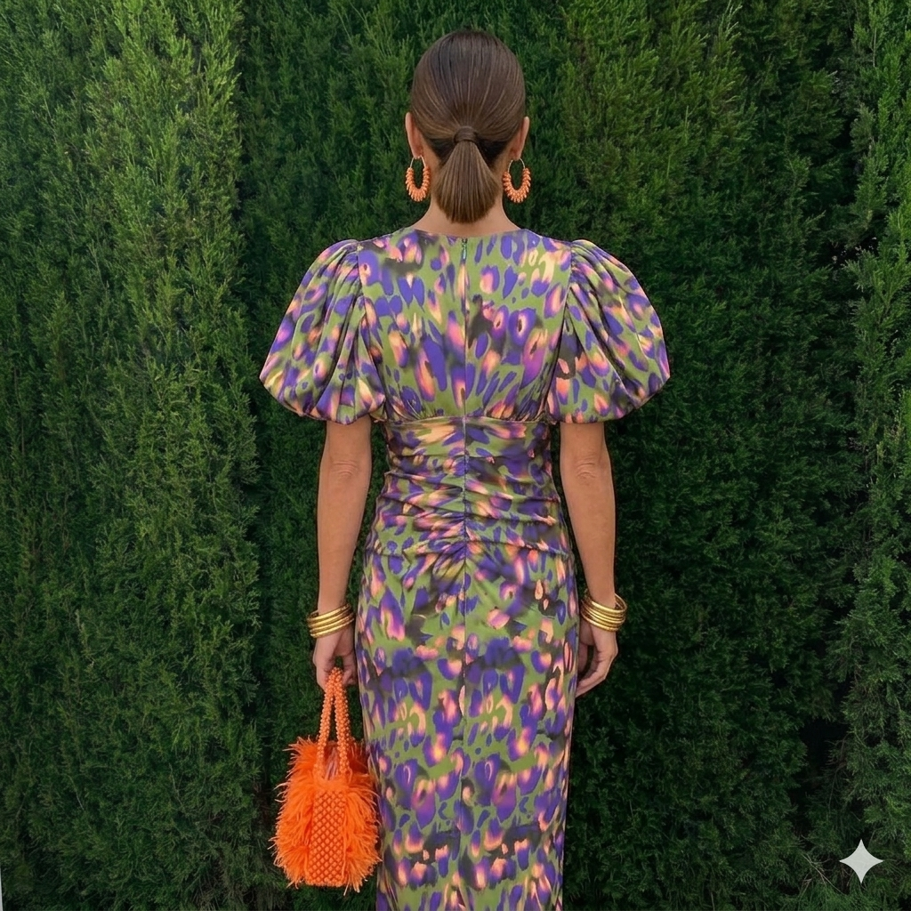 Robe Danoir Paris Tora™ avec manches plissées en tissu bleu et rose, élégante et légère, vue de face.