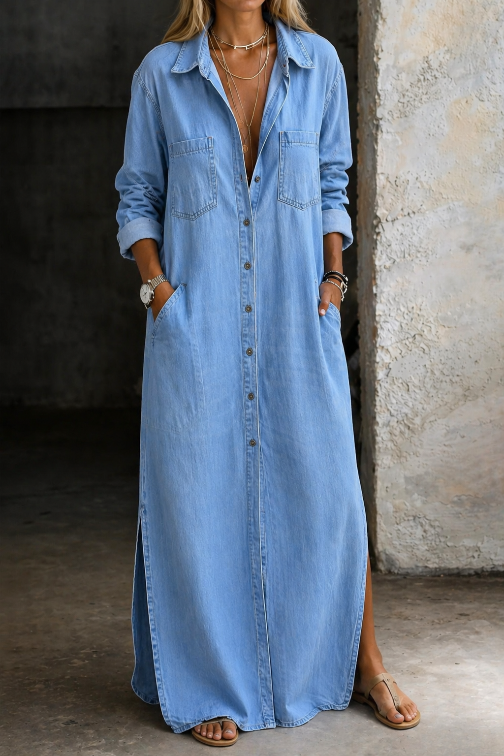Robe en jean bleue Andrea de Danoir Paris avec boutons devant, manches longues et coupe décontractée.