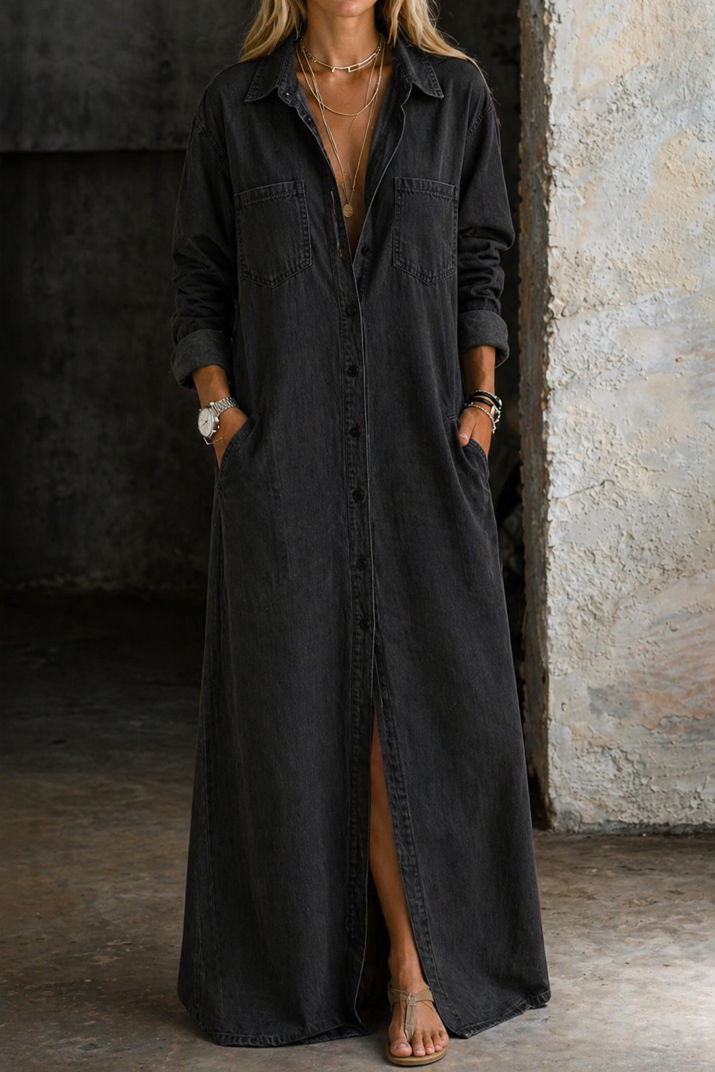 Robe en jean bleu Andrea de Danoir Paris avec boutonnières, manches longues et coupe décontractée, portée sur un mannequin.