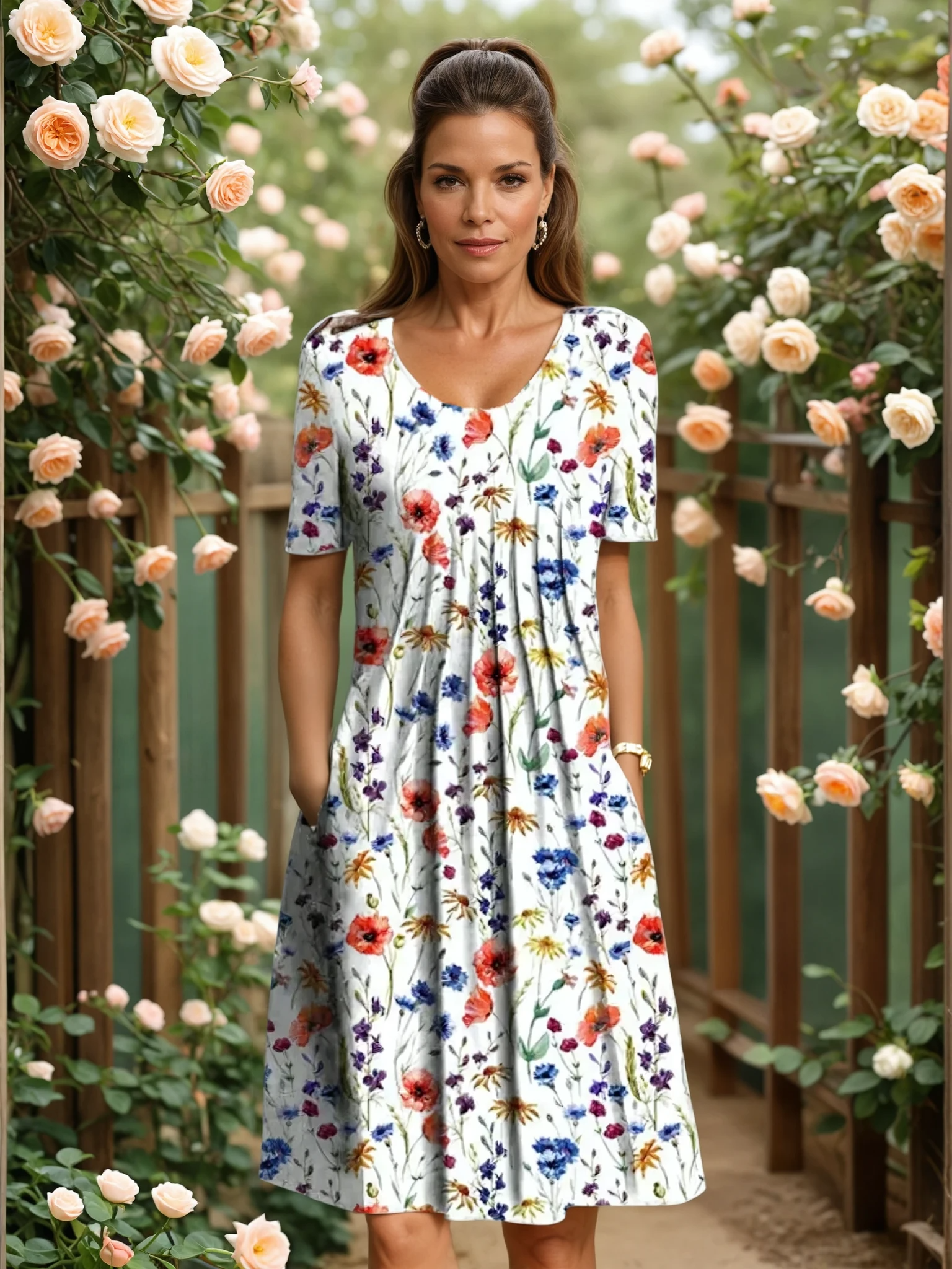 Robe élégante décontractée Olivia de Danoir Paris avec motif floral rouge, courte et confortable, parfaite pour une tenue chic décontractée