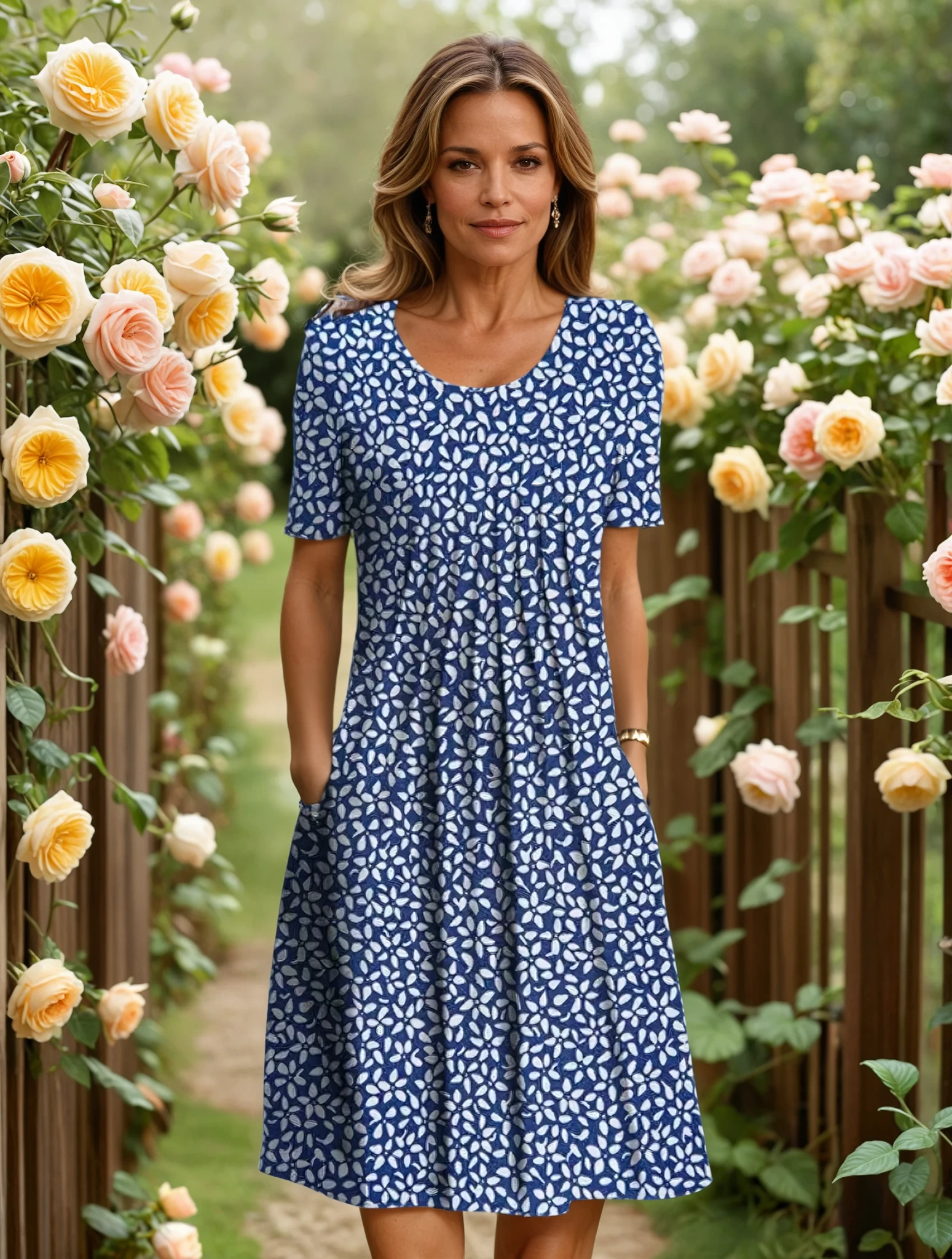 Robe élégante décontractée Danoir Paris Olivia avec motif floral rouge, vue détaillée du tissu et du style chic.