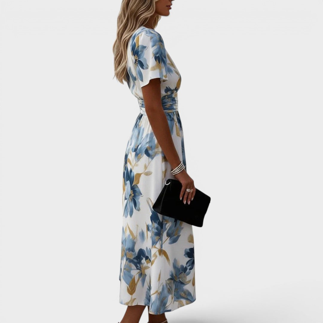 Robe midi Danoir Paris Denise à fleurs à taille ceinturée, style wrap, avec motif multicolore, vêtement féminin élégant.