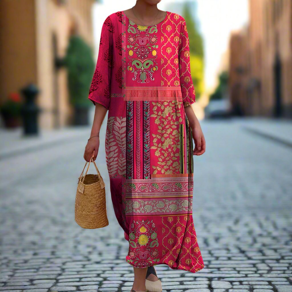 Robe maxi boho élégante Marlene de Danoir Paris en tissu rose avec détails raffinés, portée par un mannequin.