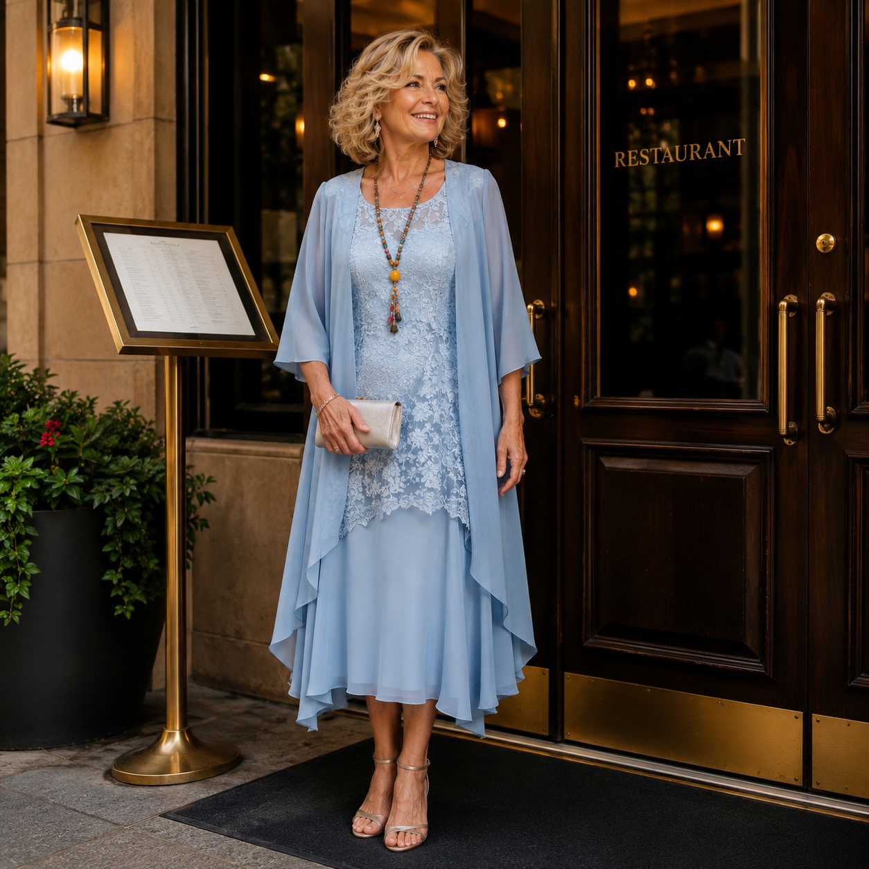 Robe élégante Penliah de Danoir Paris en tissu bleu ciel avec coupe sophistiquée, vue de face sur mannequin.