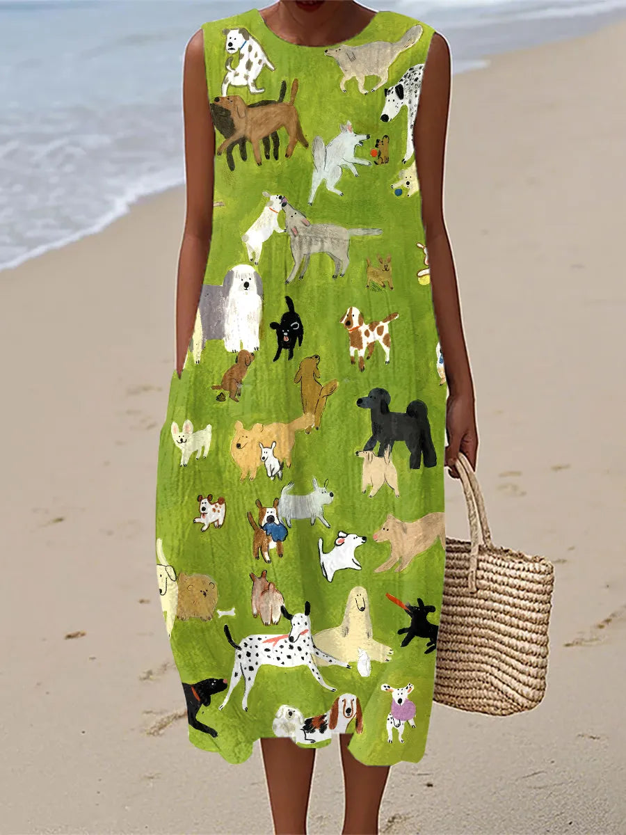 Robe midi verte Danoir Paris Isabella avec imprimé de chien peinture à l'huile, tissu élégante et moderne.
