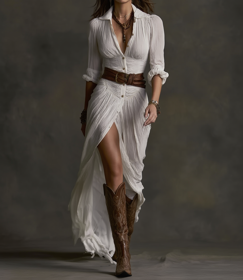 Robe longue en lin blanche Aurore de Danoir Paris avec col inversé, vêtement élégant pour femme, vue de face.