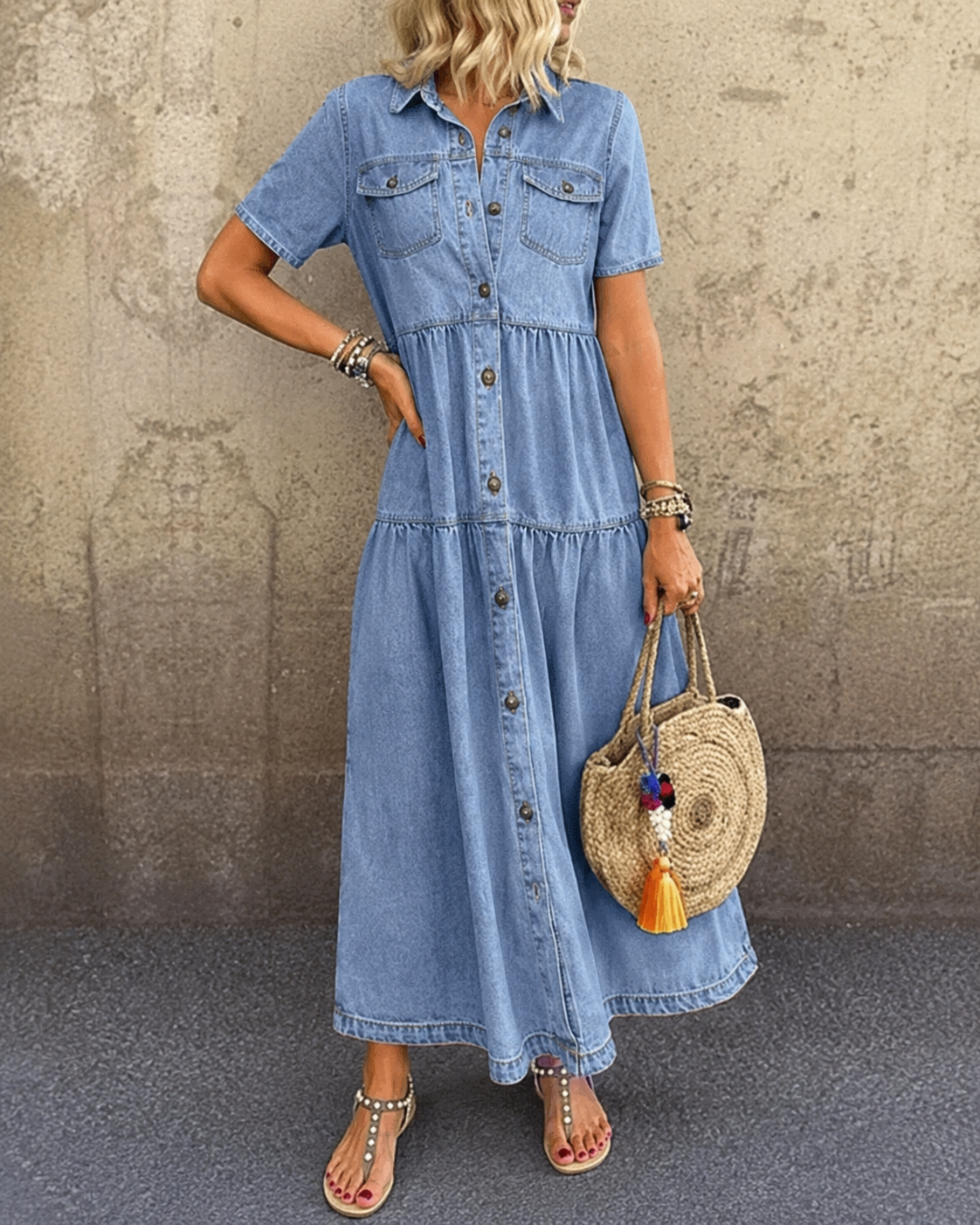 Robe midi en jean bleu clair Grace de Danoir Paris avec boutons, longueur mi-mollet, style décontracté et tendance.