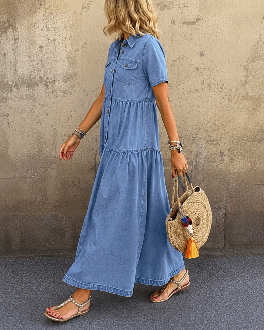 Robe midi en jean bleu clair Grace de Danoir Paris avec boutons, vêtement élégant pour femmes, vue de face.