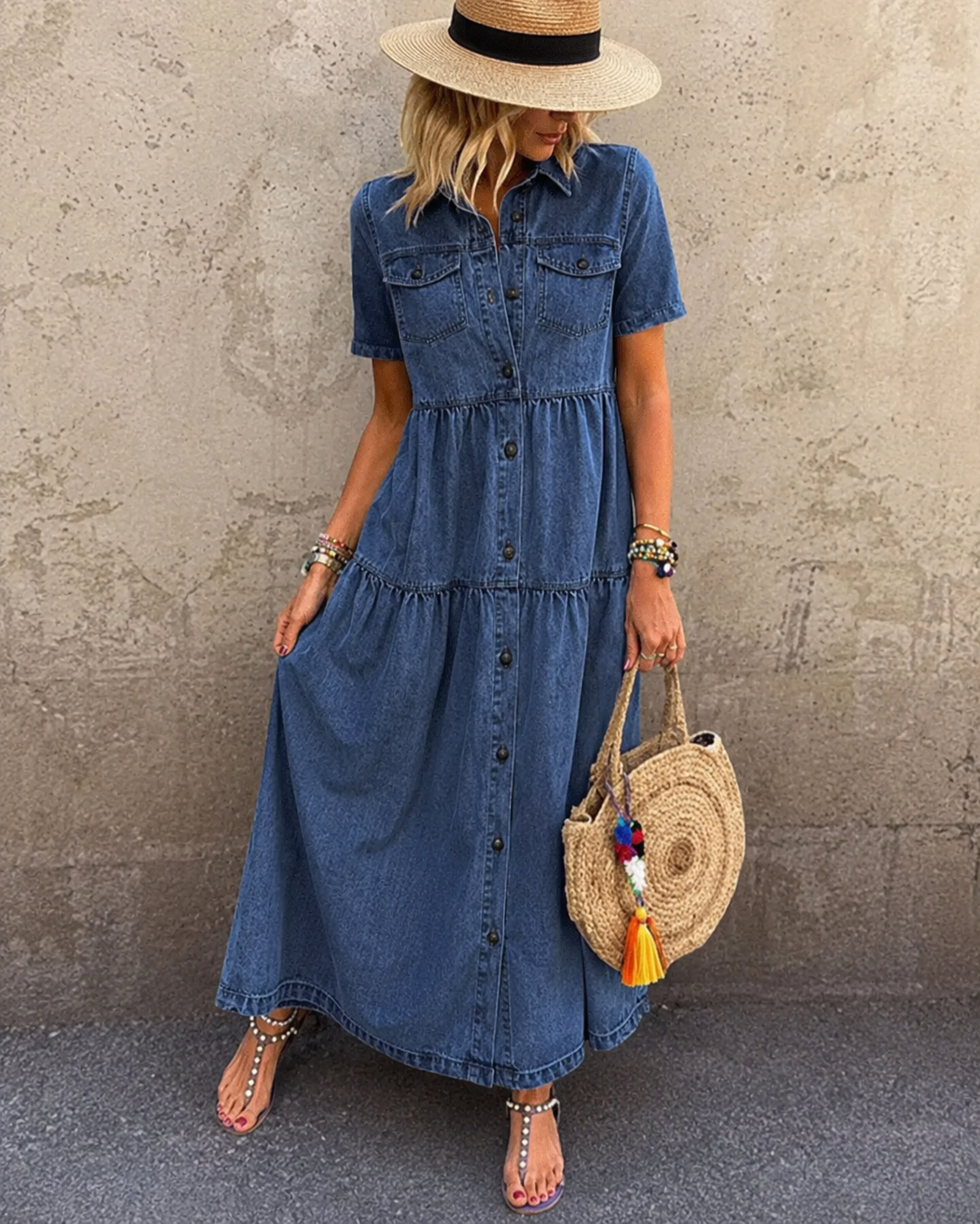 Robe midi en jean bleu clair Grace de Danoir Paris avec boutons, longueur mi-mollet, style décontracté et tendance.