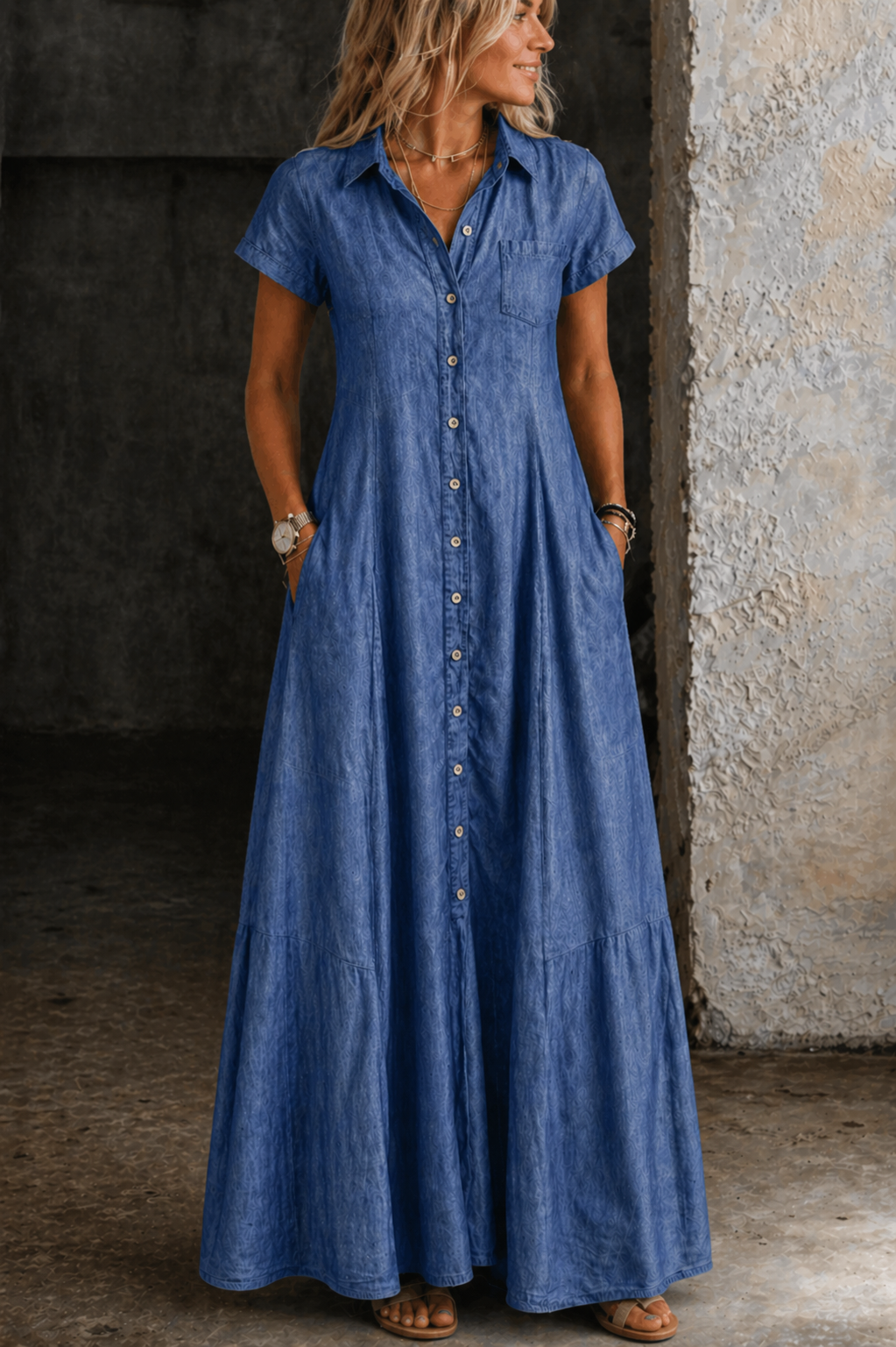 Robe longue en denim bleu foncé Eliza de Danoir Paris, vêtement élégant avec coupe fluide et détails modernes.