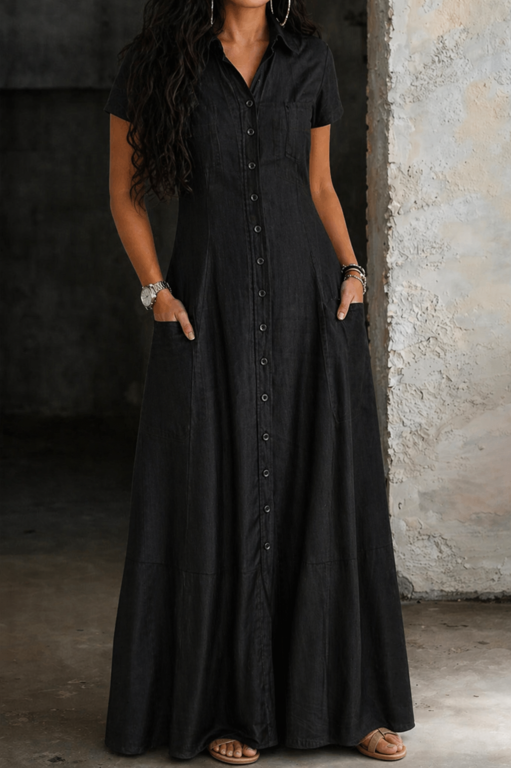 Robe longue en denim bleu foncé Eliza de Danoir Paris, vêtement tendance pour femmes, avec coupe élégante et détails classiques.