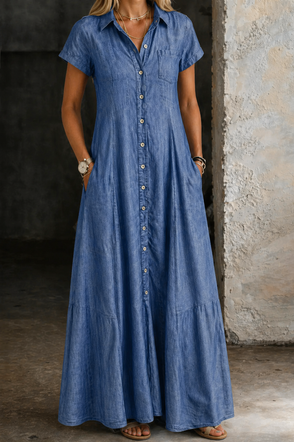 Robe longue en denim bleu foncé Eliza de Danoir Paris, style décontracté avec manches longues et coupe fluide.