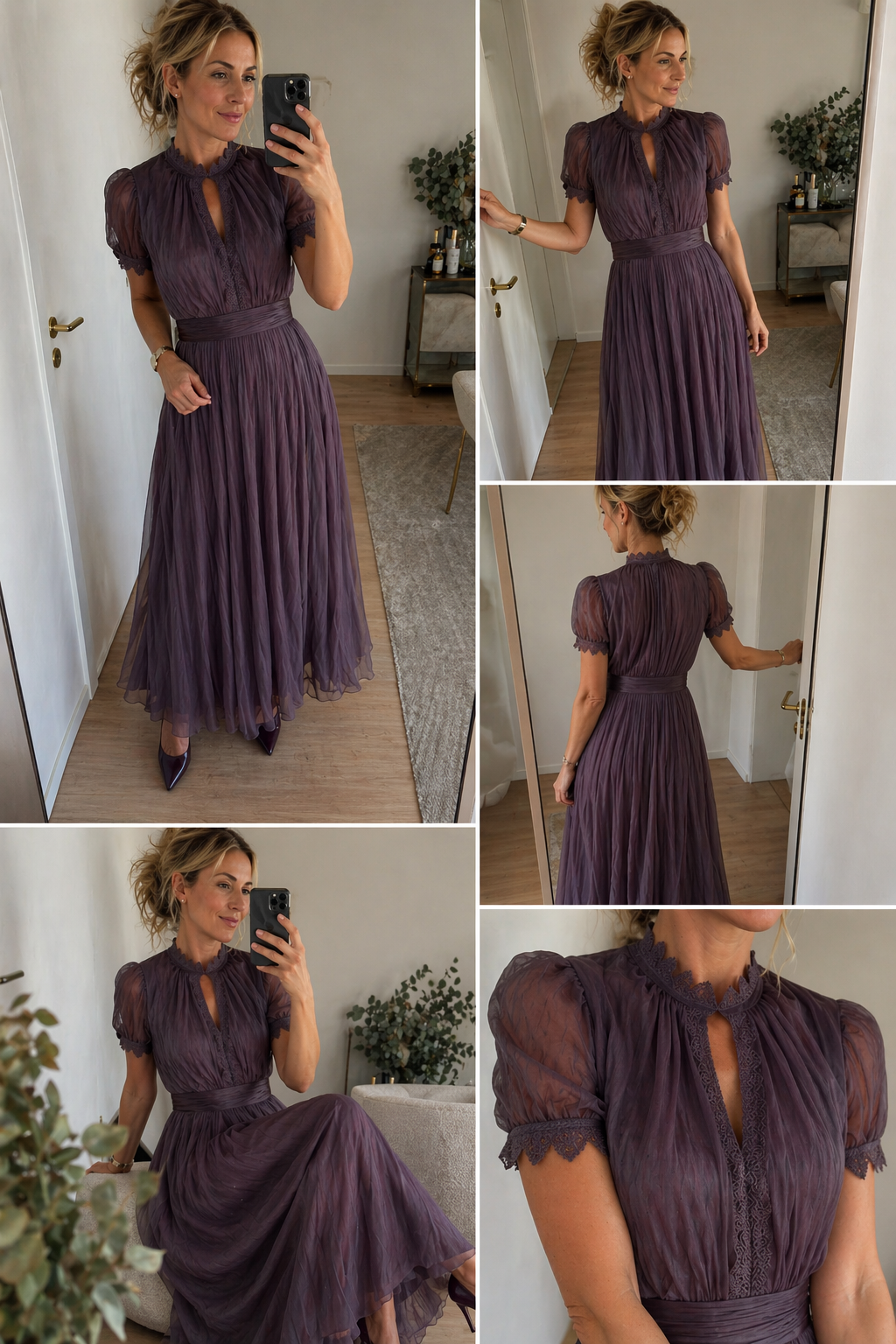 Robe longue violette Danoir Paris Valentina, style maxi, en tissu fluide, avec détails élégants, portée pour une occasion spéciale.