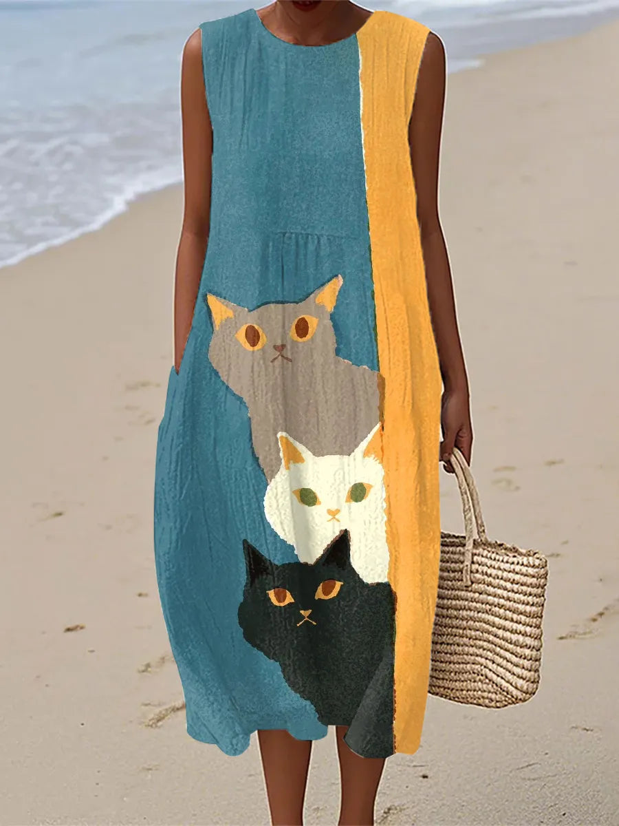Robe vintage Danoir Paris à imprimé Art de Chats et motif Paisley coloré, robe longue avec style unique et original.