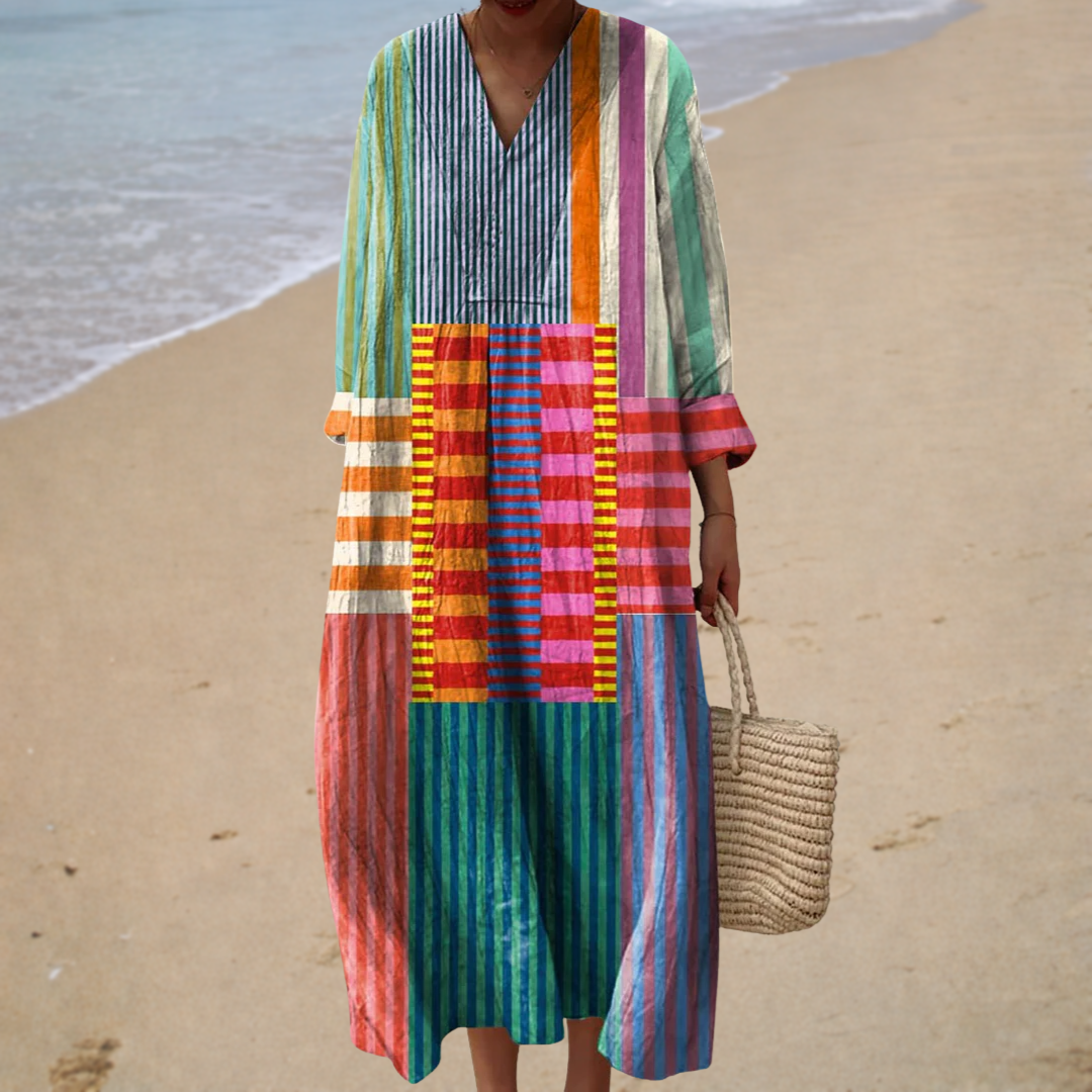 Robe colorblock artistique Frida de Danoir Paris, robe élégante avec designs colorés pour femmes.
