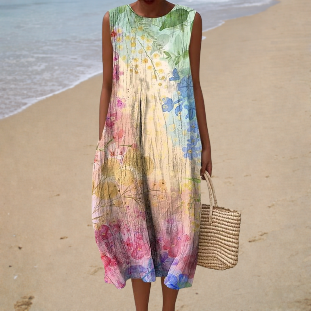 Robe midi bohème Lucienne de Danoir Paris, robe élégante avec motifs floraux, idéale pour un style décontracté et chic.