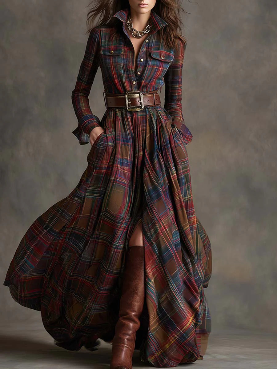 Robe longue à carreaux rouge Béatrice de Danoir Paris avec ceinture, vêtement élégant et décontracté, vue de face.