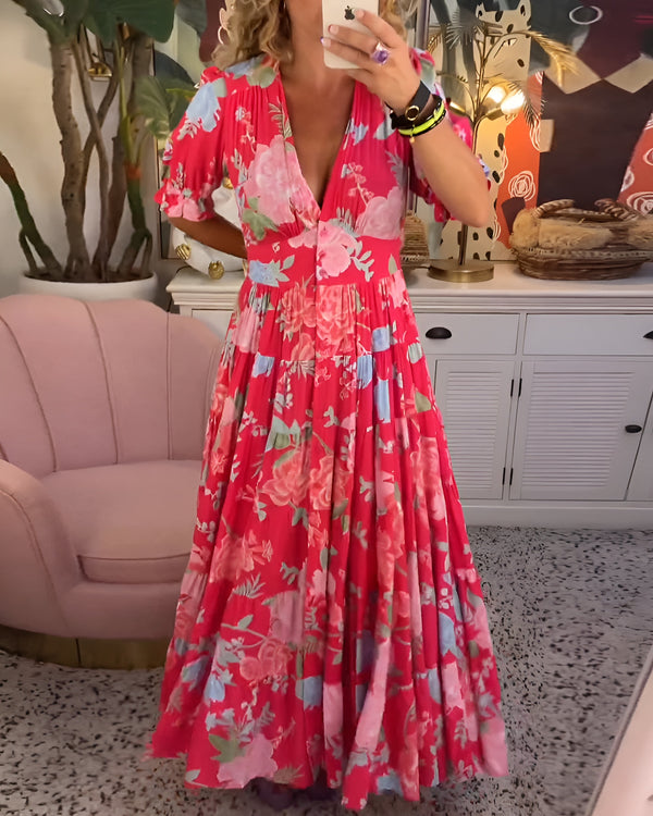 Robe décontractée rouge Danoir Paris Gigi, élégance florale, manches longues et coupe fluide pour un style chic et confortable.