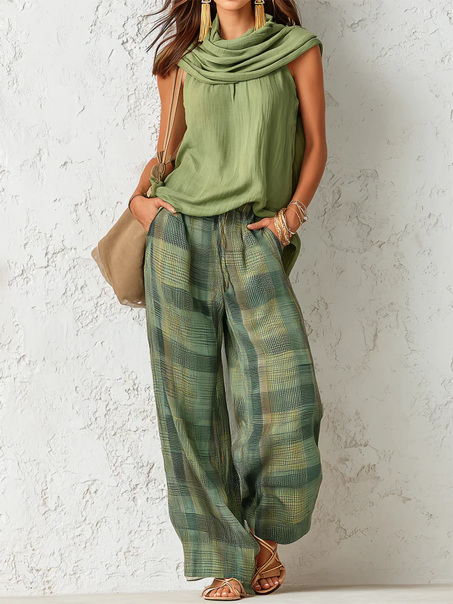 Ensemble vert Élise de Danoir Paris, style simple et naturel, avec haut et pantalon assortis, porté sur un mannequin.