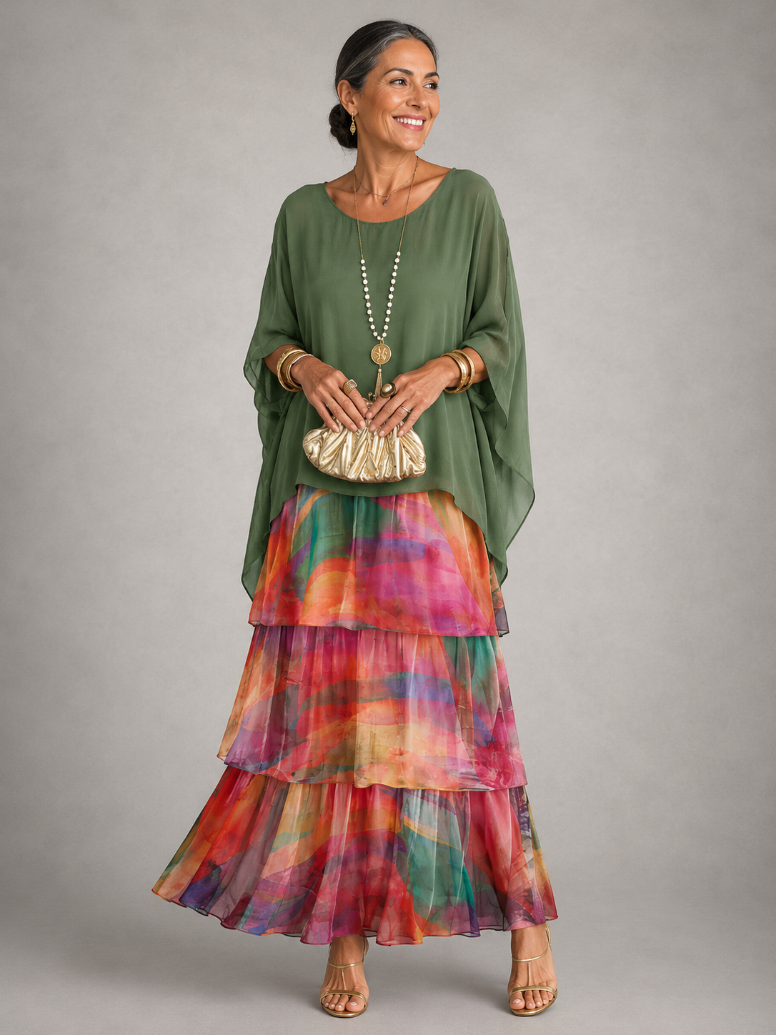 Robe longue élégante pour femme Lara™ de Danoir Paris, tissu fluide vert foncé, silhouette sophistiquée et élégante.
