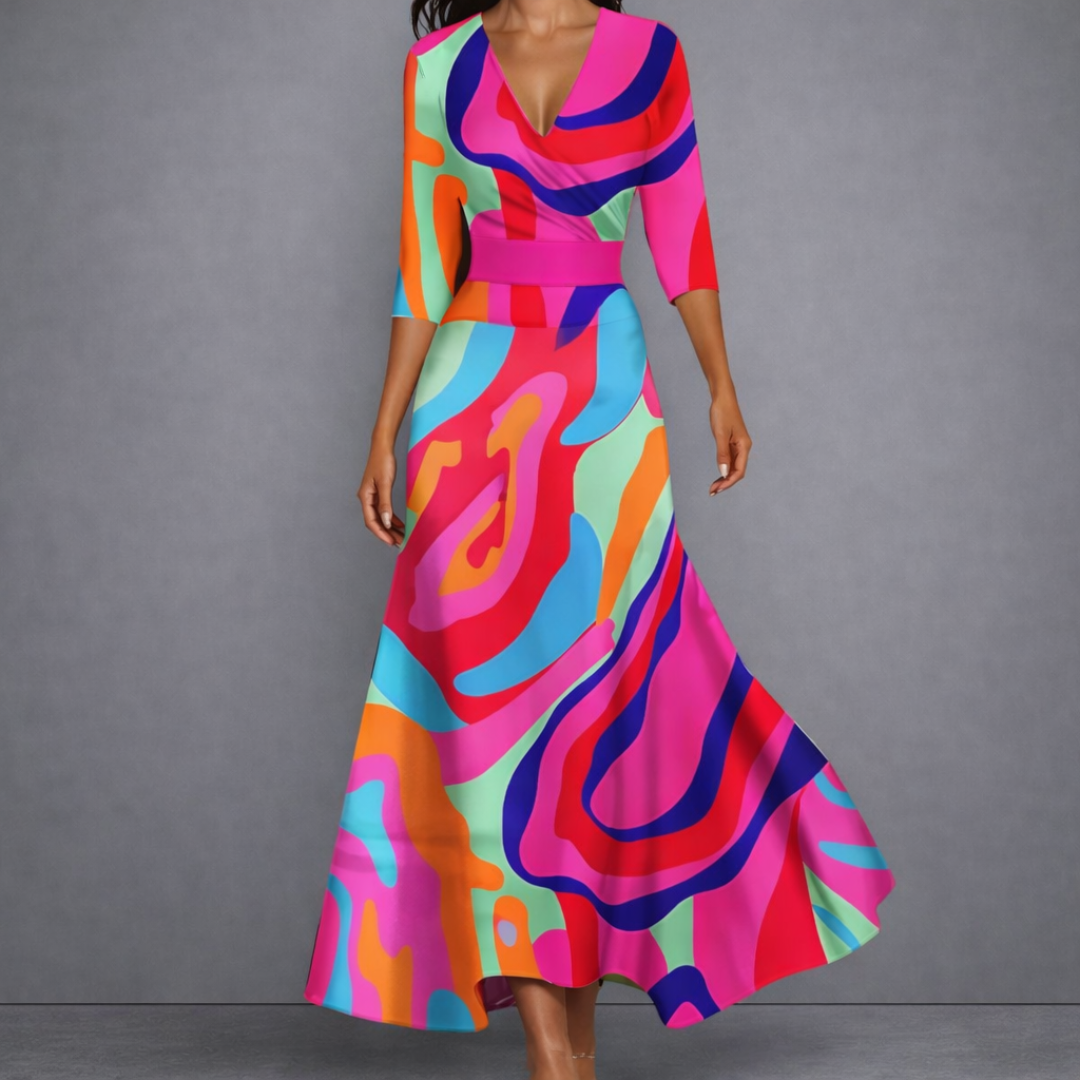 Robe longue élégante Margaret de Danoir Paris, robe florale blanche et bleue avec décolleté en V, style maxi.