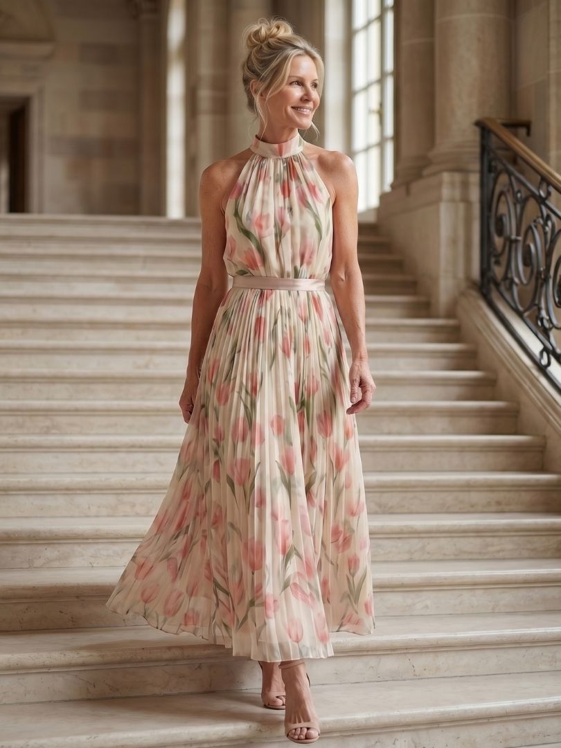 Robe midi florale Aurelle à col halter, marque Danoir Paris, tissu léger et imprimé floral, vue de face.
