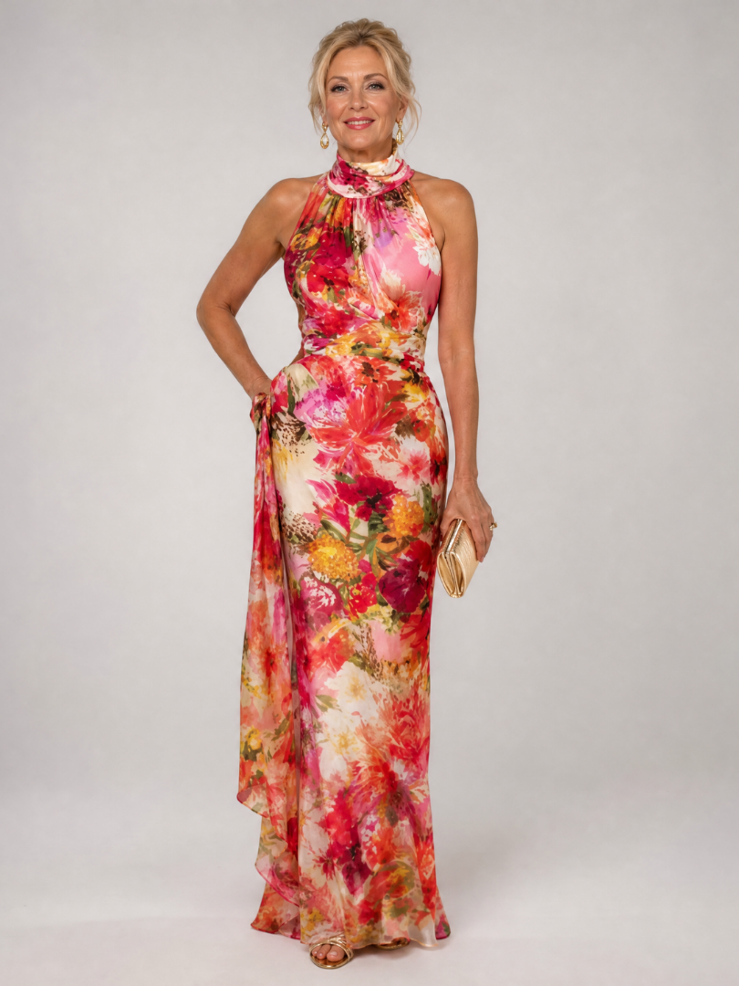 Robe longue à encolure halter avec imprimé floral, mode Danoir Paris, élégante robe maxi pour femmes.
