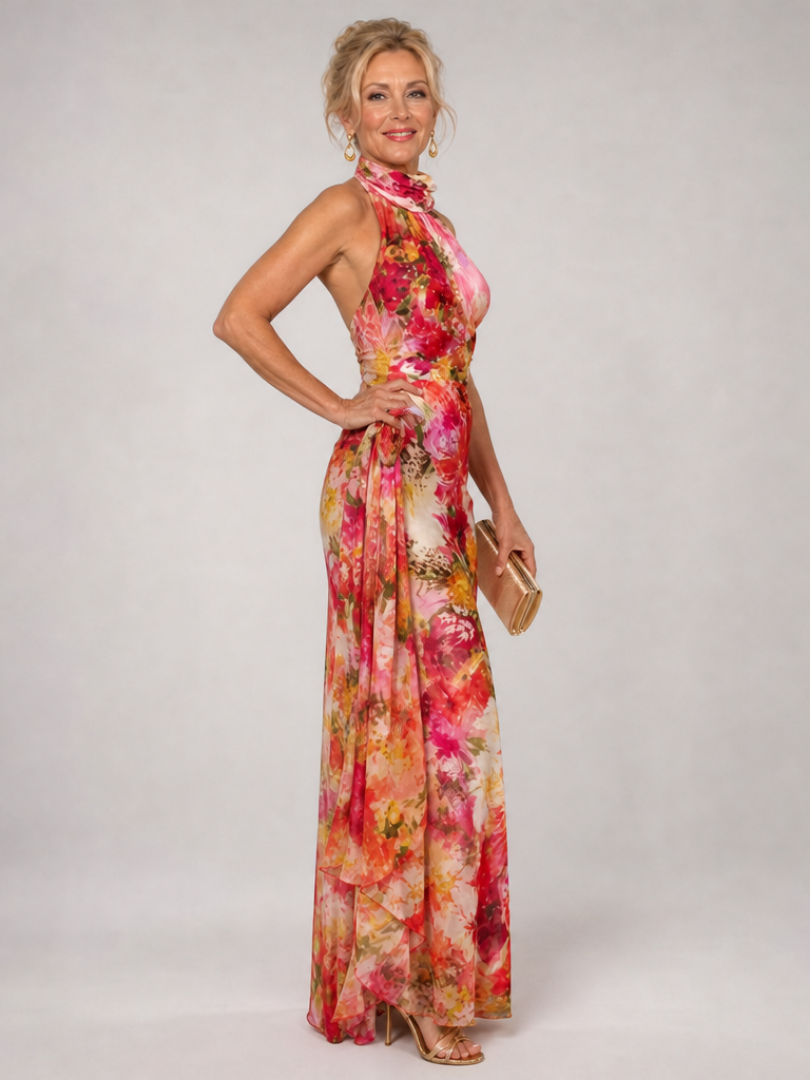 Robe longue à col halter Danoir Paris, motif floral, style maxi, en tissu léger, portée élégante et féminine.