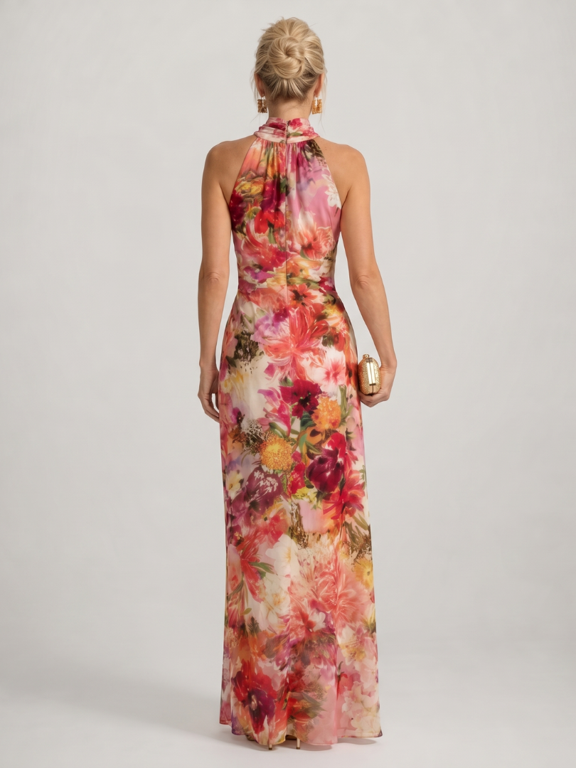 Robe maxi à col halter floral Danoir Paris, silhouette élégante avec imprimé fleuri, parfait pour l'été.