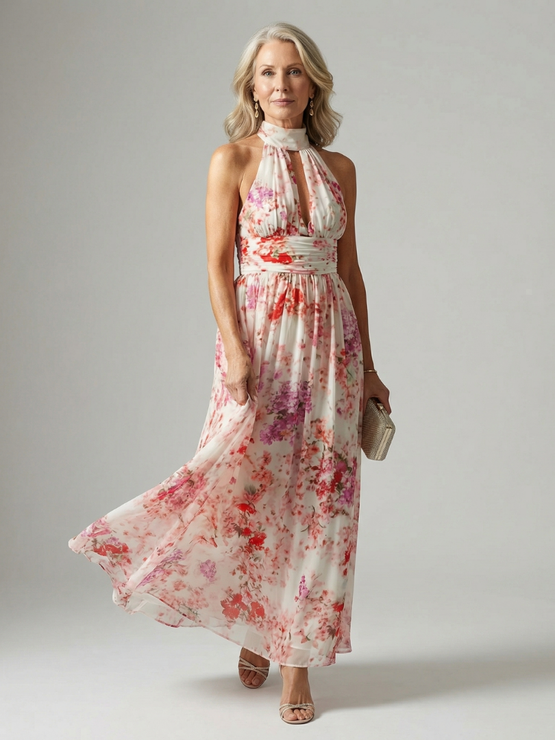 Robe longue fluide Elyon Danoir Paris avec motif floral, vue de face sur fond blanc.