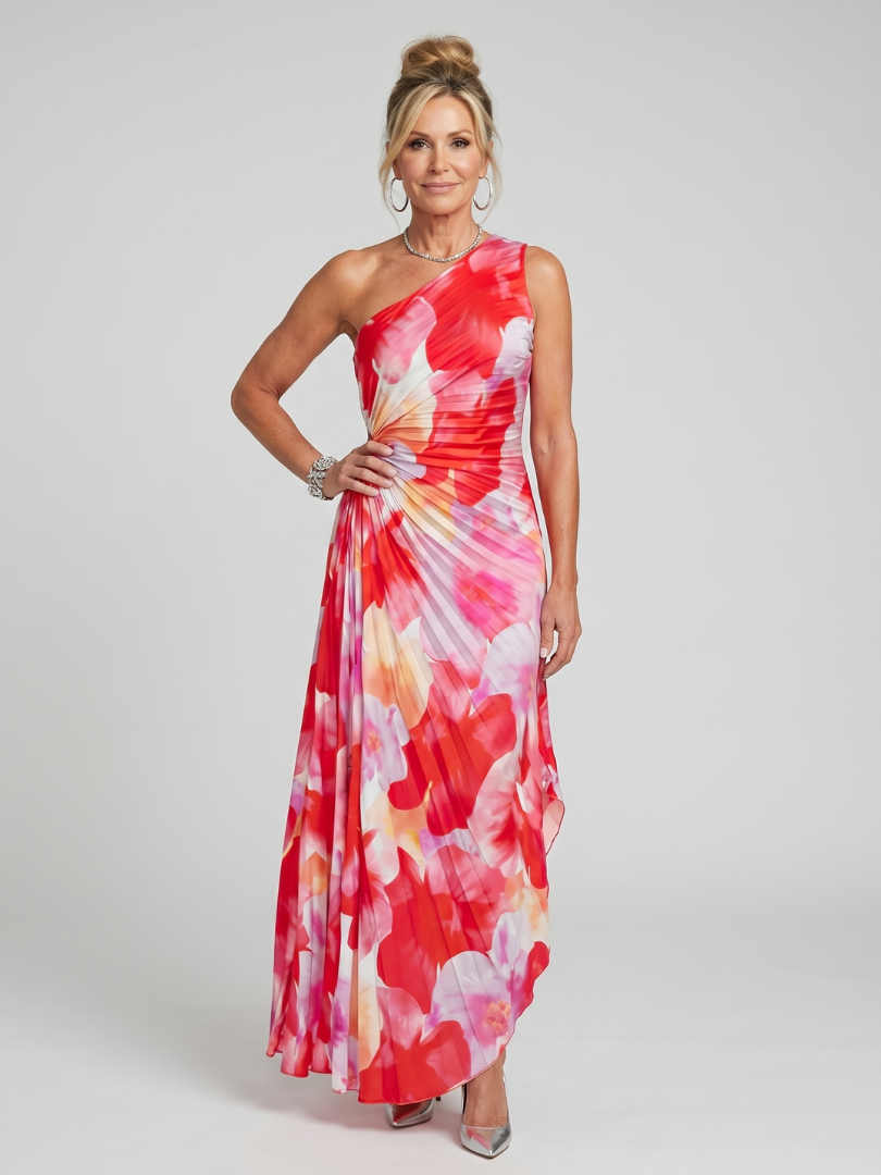 Robe midi à une épaule avec bustier plissé de Danoir Paris, style floral élégant et sophistiqué.